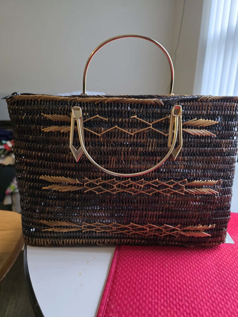 Vintage Brown Woven Tote with Gold Handles - Picture 4 of 4